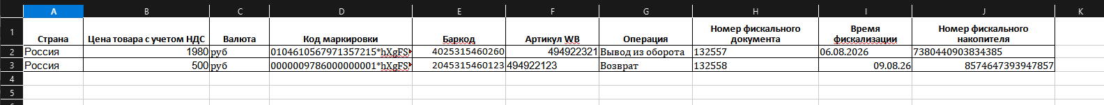 Пример заполнения шаблона по двум операция (Вывод из оборота и Возврат)
