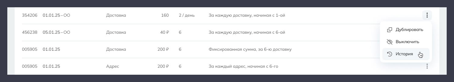 Меню действий по условию